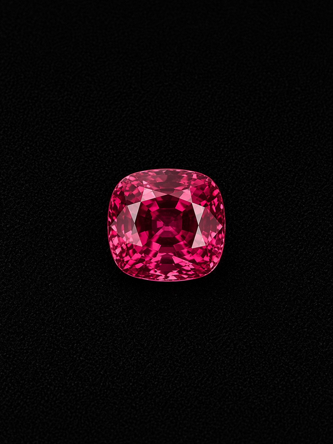 Cushion-cut pinkish-red Mahenge spinel on black velvet